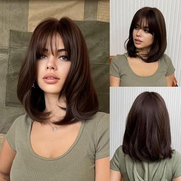 DILLARDS Medium Length Bob Wig With Bangs, Dark Brown Synthetic Hair, Shoulder Length Layered Cut - Image 1